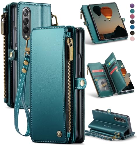 Defencase for Samsung Galaxy Z Fold 4 Wallet Case with Card Holder, Green | Durable Soft PU Leather, RFID Blcking Zipper Pocket, with S-Pen Holder & Strap, Flip Phone Cases with Stand for Women Men - color: Blue Green