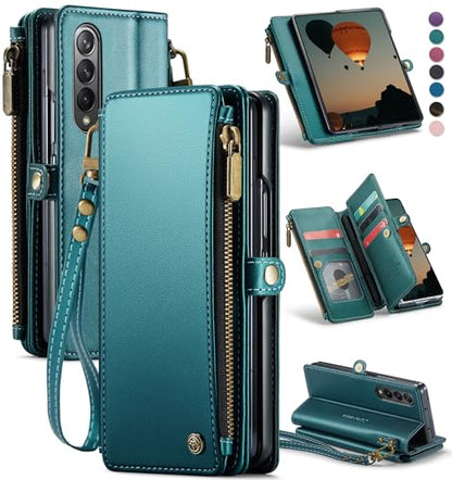 Defencase for Samsung Galaxy Z Fold 4 Wallet Case with Card Holder, Green | Durable Soft PU Leather, RFID Blcking Zipper Pocket, with S-Pen Holder & Strap, Flip Phone Cases with Stand for Women Men - color: Blue Green