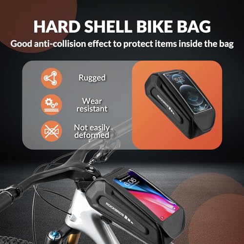 ROCKBROS Bike Phone Bag Top Tube Frame Bag Waterproof Flip-top Design | 3D EVA Hard Shell Mount Holder Bag 1.7L Cycling Pouch Compatible Phones Under 7'' for E-Bike Accessories - color: Black - Hook and Loop