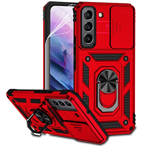 for Samsung Galaxy S22 Case with Camera Lens Cover HD Screen Protector, Dual Layer Military-Grade Drop Tested Magnetic Ring Holder Kickstand Protective Phone Case for Samsung Galaxy S22 5G (Red) - color: Red with camera cover Military-Grade 2nd gen