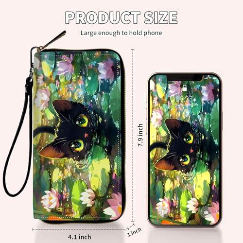Ladies Wallet,Clutch Purses for Women Wallets Leather Credit Card Holder for Women Wristlet Slim Small Cute with Zipper,Thin RFID Blocking with Wrist Strap,Cute Cat Lotus - color: Cute Cat Lotus