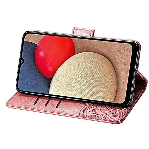 Wallet Case for Samsung Galaxy A03s with Card Holder Rose Gold | PU Leather Flip Phone Cover,Wrist Strap,Woman Man Purse,Emboss Butterfly Flower,Stand,Shockproof TPU Shell, Magnetic Closure - color: B Rose Gold