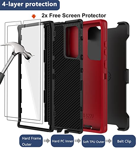 for Samsung Galaxy S22 Ultra Case with Belt Clip Holster, 2X Screen Protector, Military Grade Protection Heavy Duty Full Body Shockproof Rugged Protective Cover for Samsung S22 Ultra 5G Red - color: Red