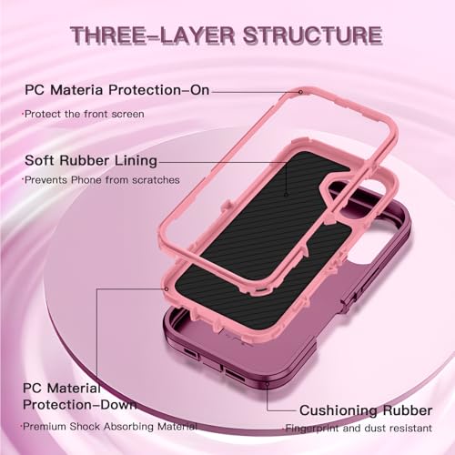 for iPhone 16 Case Heavy Duty Protective Shockproof Dropproof 3-Layer Full Body Protection [Without Screen Protector] Tough Rugged Cover for Apple iPhone 16 6.1 inch 2024,Purple/Pink - color: Purple/Pink