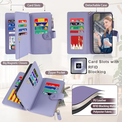 for iPhone 16e/17e Case Wallet,Compatible with MagSafe Magnetic 2 in 1 Magnetic Detachable PU Leather RFID Blocking Wallet Cover Card Holder Zipper Wrist Strap Lanyard,Floral Light Purple - color: Light Purple