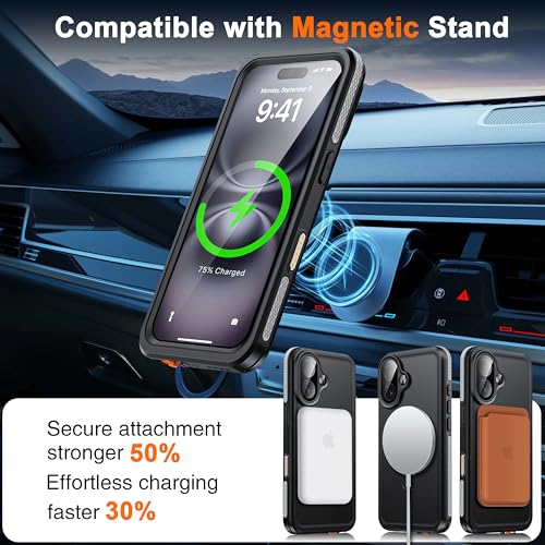 Oterkin Magnetic Stand for iPhone 16 Case Waterproof IP68, Black - color: Black, size: iPhone 16 6.1''