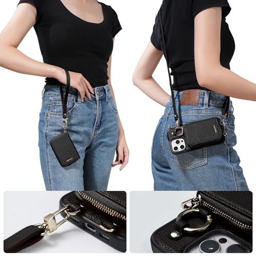 ORNARTO Magnetic Detachable Wallet Case for iPhone 16 Pro Max, Black | Compatible with MagSafe, Crossbody Wallet Case with Card Holder Wrist Strap, RFID Blocking PU Leather Wallet Phone Cover 6.9” - color: Black