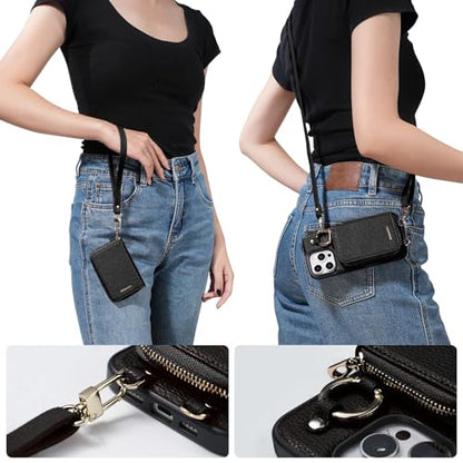 ORNARTO Magnetic Detachable Wallet Case for iPhone 16 Pro Max, Black | Compatible with MagSafe, Crossbody Wallet Case with Card Holder Wrist Strap, RFID Blocking PU Leather Wallet Phone Cover 6.9” - color: Black