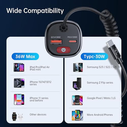 Syncwire USB C Car Charger 66W Super Fast Car Adapter with 6FT Coiled Cable - size: 6 feet