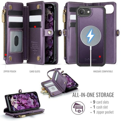 Defencase for iPhone 17e/16e Case Wallet Compatible with Magsafe, Purple | Drop-Proof Magnetic Detachable Phone Cases Cover, with RFID Bolcking Card Holder, Zipper Strap, PU Leather, Removable Wallet - color: (Detachable with Magsafe)-Purple