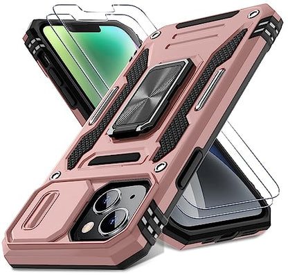 DEERLAMN Case for iPhone 13/iPhone 14 6.1-Inch with Slide Camera Cover+Screen Protector(2 Packs),Rotated Ring Kickstand Military Grade Shockproof Protective Cover-Rose Gold - color: Rose Gold