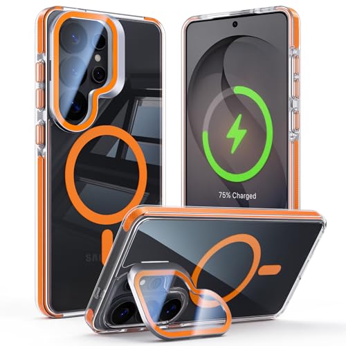for Samsung Galaxy S26 Ultra Case with Camera Cover Stand, Full Camera Protection, Compatible with MagSafe, Drop Protection, Dust-Proof Anti-Fall Translucent Magnetic Phone Case, Clear + Orange - color: Orange