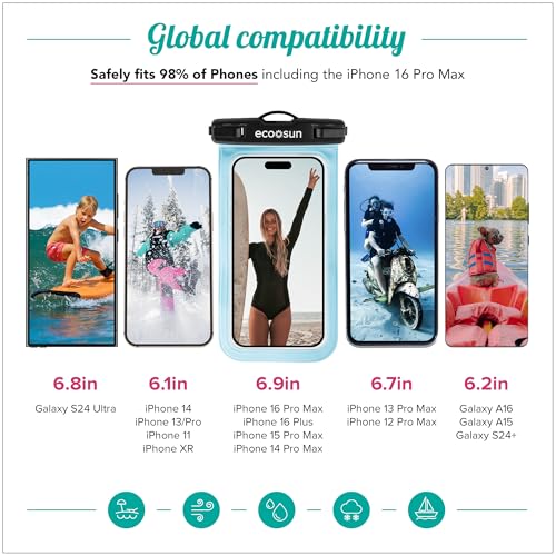 Eco Sun Waterproof Phone Pouch (2-Pack) — Designed in Hawaii — Case Fits All iPhones (incl. 17 Pro Max), Samsung Galaxy S24 & More (Black/Blue) - color: Black/Blue