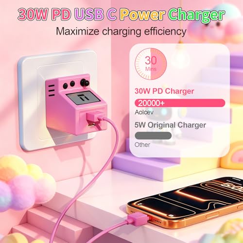 Aolcev for iPhone Charger 2 in 1 Dual USB A USB C Charger Block Retro 30W - color: Rose Pink