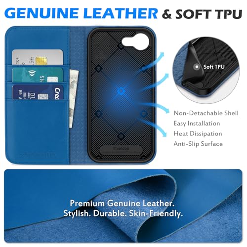 SHIELDON Real Leather Wallet Case for iPhone 17e/16e 6.1", Sapphire Blue | RFID Blocking, Credit Card Holder, Magnetic Closure, Kickstand, Folio Design, Full Protection, Shockproof Phone Cover - color: Sapphire Blue