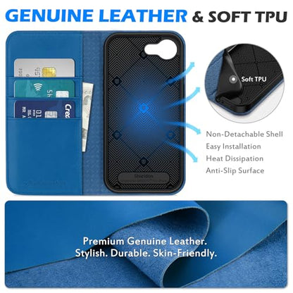 SHIELDON Real Leather Wallet Case for iPhone 17e/16e 6.1", Sapphire Blue | RFID Blocking, Credit Card Holder, Magnetic Closure, Kickstand, Folio Design, Full Protection, Shockproof Phone Cover - color: Sapphire Blue