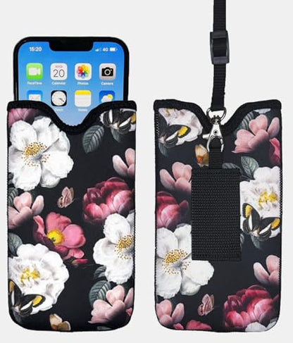 Tainada Neck Cellphone Sleeve Carrier w/Belt Loop (Black Floral Butterfly) - color: Black Floral Butterfly