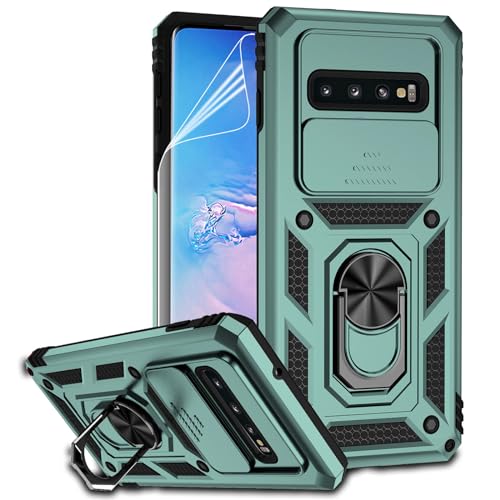 for Samsung Galaxy S10 Plus Case with Camera Lens Cover HD Screen Protector, Military-Grade Drop Tested Magnetic Ring Holder Kickstand Protective Phone Case for Samsung Galaxy S10+ Plus (Dark Green) - color: Dark Green with camera cover Military-Grade