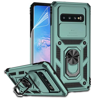for Samsung Galaxy S10 Plus Case with Camera Lens Cover HD Screen Protector, Military-Grade Drop Tested Magnetic Ring Holder Kickstand Protective Phone Case for Samsung Galaxy S10+ Plus (Dark Green) - color: Dark Green with camera cover Military-Grade