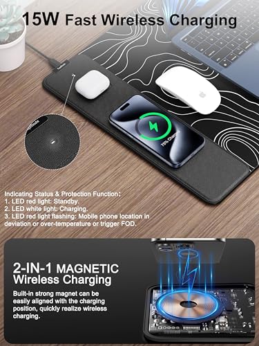 Mouse Pad with Wireless Charging, Large Desk Mat, Black Topographic Map #2 - color: Black Topographic Map #2