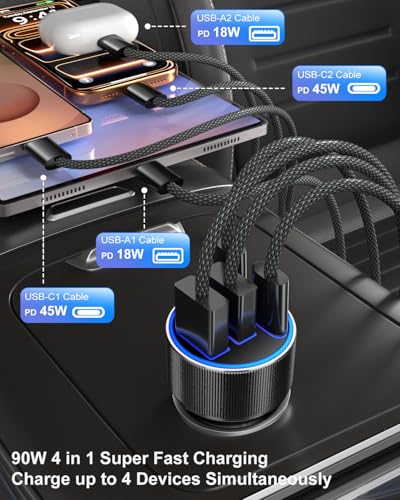 USB C Car Charger, 3 Pack 90W 4-Port Dual 45W Super Fast Car Phone Charger - color: Black