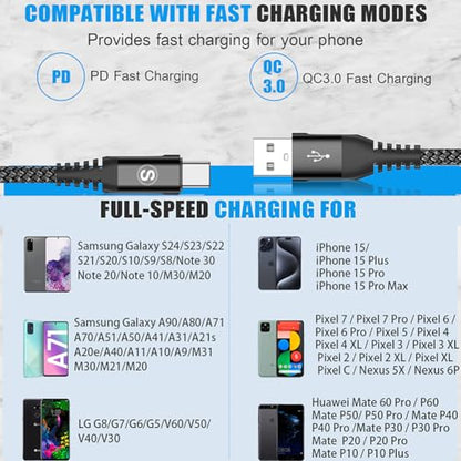 sweguard USB to USB C Cable 3-Pack 10ft 6.6ft 3.3ft Fast Charging Braided - color: Black, size: 10ft+6.6ft+3.3ft
