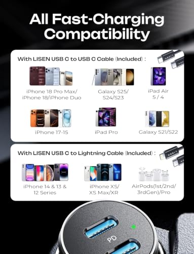LISEN 90W Car Charger USB C Fast Charge,USB C Car Charger for iPhone 18 Pro - color: Black, size: w/ L+C Cables