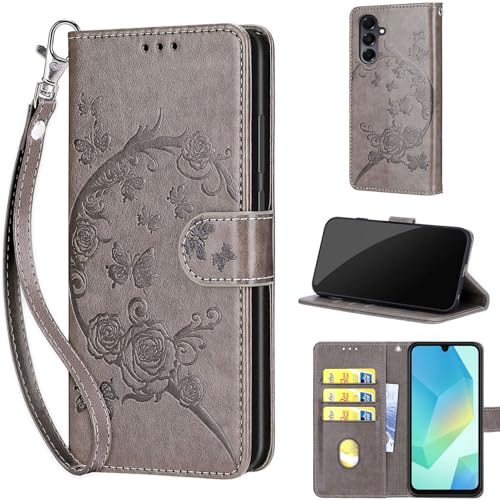 Wallet Case for Samsung Galaxy A16 5G, Gray Flower | Women Flip Folio Cover, Embossed PU Leather, Stand, Credit Card Holders Slots, Wrist Strap - color: 6