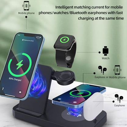 3 in 1 Foldable Wireless Charging Stand, Dual Coils Fast Charging Station, LED Indicator, 80% High Conversion, Safe Charging for Phone, Watch, Earbuds