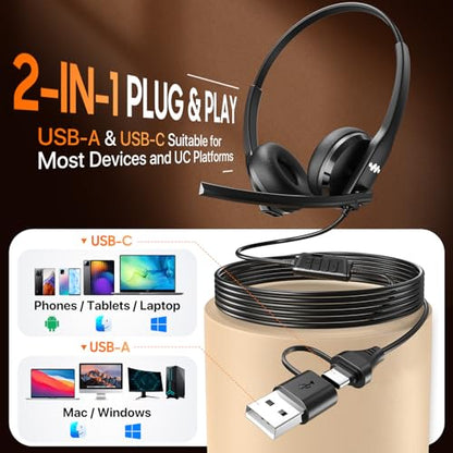 Necode USB Headset with Microphone for PC，Wired Computer Laptop Headset with Noise Cancelling Microphone, Work Headphones with Mic for Home Office Teams Zoom (USB-A&C)-Black