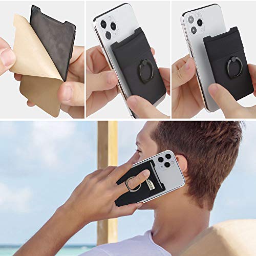Phone Wallet Stick On Card Holder with Ring Grip, Stand and RFID Protection