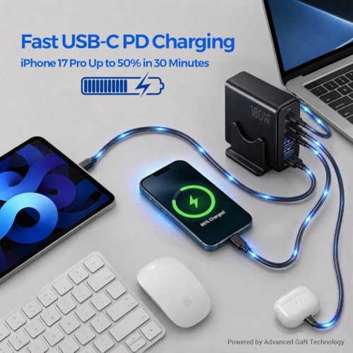 180W GaN Multi Charger Station, USB Charger Block, Desktop Charging Station - color: Black-180