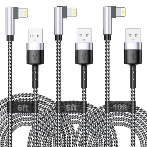 3Pack Right Angle Long iPhone Charge Cable, 90 Degree Apple USB A to Lightning Cable 6FT/2M*2+10FT/3M,Nylon Braided Sync Data Charger Cable, Fast Charge Cord for iPhone 14 13 12 11 Pro Max Xr 8 7 Plus