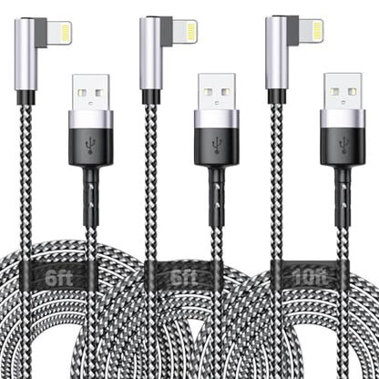 3Pack Right Angle Long iPhone Charge Cable, 90 Degree Apple USB A to Lightning Cable 6FT/2M*2+10FT/3M,Nylon Braided Sync Data Charger Cable, Fast Charge Cord for iPhone 14 13 12 11 Pro Max Xr 8 7 Plus