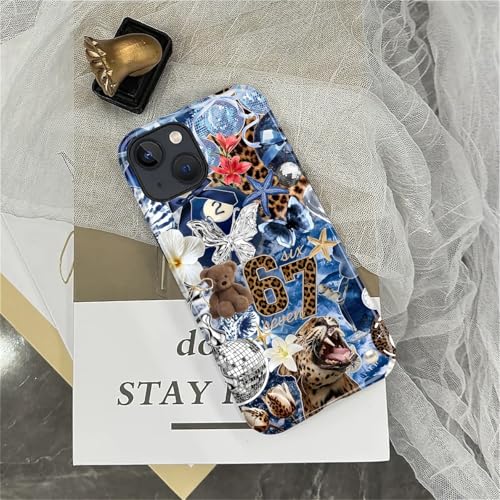 Case for iPhone 14 Plus, Cute Phone Case, Blue Leopard Collage | Hybrid 2-Layer Phone Cover，Military-Grade Protection Durable Shockproof Anti-Scratch Cases - color: Blue Leopard Collage, size: Iphone 14 Plus