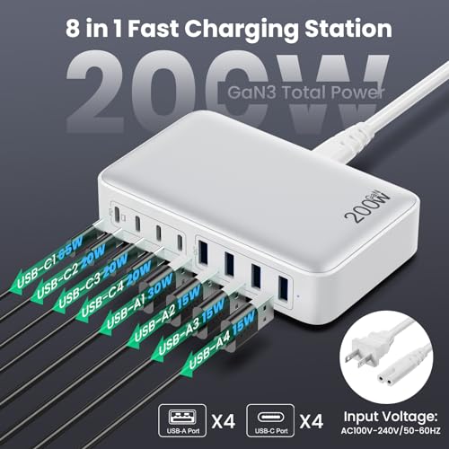 USB C Charger 200W USB C Charger Block,Upgraded GaN III 8-Port Fast Charging Station Hub,PD 65W Laptop Charging Adapter Compatible with MacBook Pro/Air,DELL,Steam Deck,iPhone 16/15/14,Galaxy S23/22 - color: A-White, size: 200W