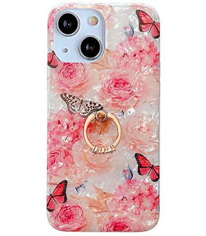 Qokey for iPhone 13/14 Case 6.1 inch,Flower Design Cute Clear for Women Girls with 360 Degree Rotating Ring Kickstand Soft TPU Shockproof Cover Rose Butterfly - color: Rose