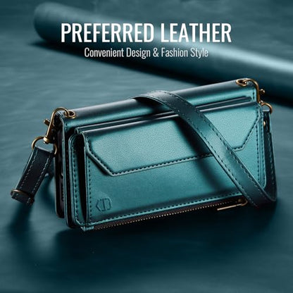 Strapurs Crossbody Wallet Case Compatible with Samsung Galaxy Z Fold 4 with RFID Blocking Card Holder & Pen Holder Slot Soft PU Leather Shoulder Strap Zipper Pocket Purse Fold 4 Phone Case, Blue Green | RFID Blocking 5-Card Holder, Shoulder Lanyard, Wirst