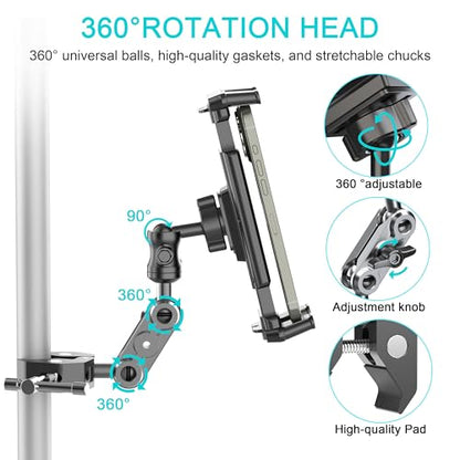 Universal Tablet Holder Mount for Treadmill, Exercise Bike, Stroller, Wheelchair, Golf Cart - 360° Rotatable Adjustable Clamp for 4.7" to 12.9" iPad, iPhone, Smartphones & Tablets