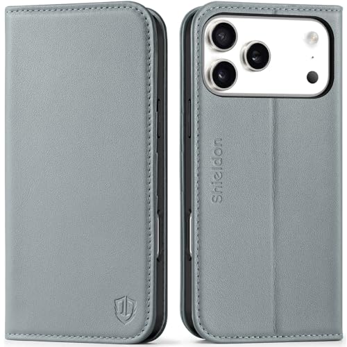 SHIELDON Real Leather Magnetic Case Wallet for iPhone 17 Pro Max 6.9", Gray | Flip, Magnetic Closure, RFID Blocking 3 Card Holder, Kickstand, Full Protection, Shock Absorbing Protective Cover - color: Gray