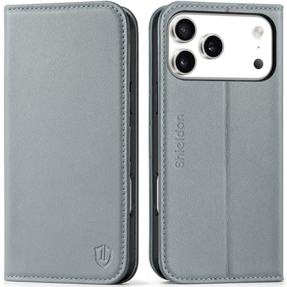 SHIELDON Real Leather Magnetic Case Wallet for iPhone 17 Pro Max 6.9", Gray | Flip, Magnetic Closure, RFID Blocking 3 Card Holder, Kickstand, Full Protection, Shock Absorbing Protective Cover - color: Gray