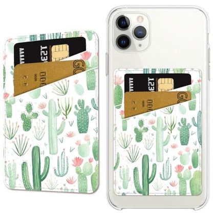 CREATCABIN Cactus Phone Card Holder Leather Cell Phone Wallet Stick on Adhesive Credit Card Holder Slim Double Pocket Sticker for Back of Phone Case Compatible with Most Phones 3.7 x 2.5 Inch - style: Cactus