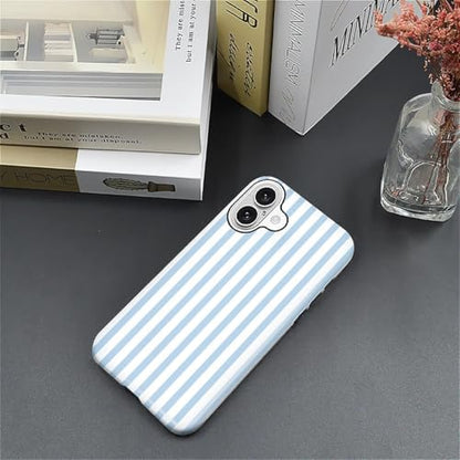 Compatible with iPhone 16 Plus Case,Glossy 2-in-1 Sleek All-Inclusive Dual-Layer Material Soft TPU + PC Back for Blue Stripes Geometric Pastel Summer Beach - color: Blue Stripes Geometric Pastel Summer Beach-Glossy, size: iPhone 16 Plus