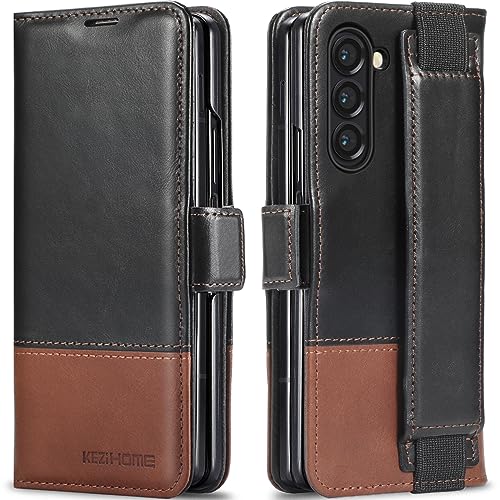 KEZiHOME Genuine Leather Wallet Case for Samsung Galaxy Z Fold 6 - color: Black Brown, size: Galaxy Z Fold 6 Case