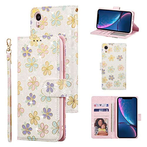 UEEBAI Wallet Case for iPhone XR, PU Leather Phone Case Kickstand RFID Blocking Flip Case with Card Slots Wrist Strap Relief Engraved Pattern Magnetic Closure Folio Case - White Daisy - color: White Daisy