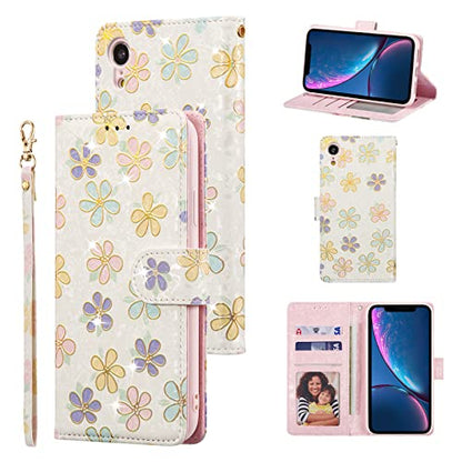 UEEBAI Wallet Case for iPhone XR, PU Leather Phone Case Kickstand RFID Blocking Flip Case with Card Slots Wrist Strap Relief Engraved Pattern Magnetic Closure Folio Case - White Daisy - color: White Daisy