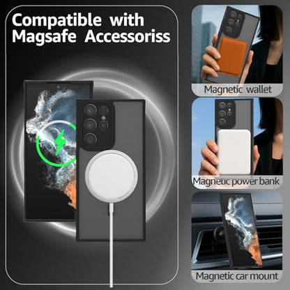 for Samsung Galaxy S22 Ultra Case Magnetic, Compatible with Magsafe 6.8-Inch Slim Fit Heavy Duty Protector Wireless Charging Shockproof Skin-Feel Anti-Slip TPU and PC Phone Cover, Black - color: Black Magnetic