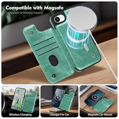 SkyEagle Compatible with MagSafe iPhone 17e / 16e Case Wallet,Green | Magnetic Clasp,RFID Blocking,PU Leather,Flip Folio Shockproof Phone Cover,with Credit Card Slots & Kickstand for Men & Women - color: Green
