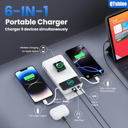 Portable Charger for iPhone, 40800mAh Power Bank with Built-in Cables & AC Wall Plug, 5 Outputs USB C Fast Charging External Battery Pack for iPhone 17/16/15/14, Android, Travel Essential (White) - color: White