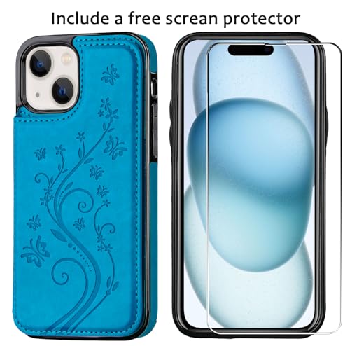 Wallet Case Compatible with iPhone 15,Slim Protective case with Card Holder,Premium PU Leather Kickstand Card Slots with Double Magnetic Clasp for iPhone 15(6.1")-Blue Butterfly - color: Blue